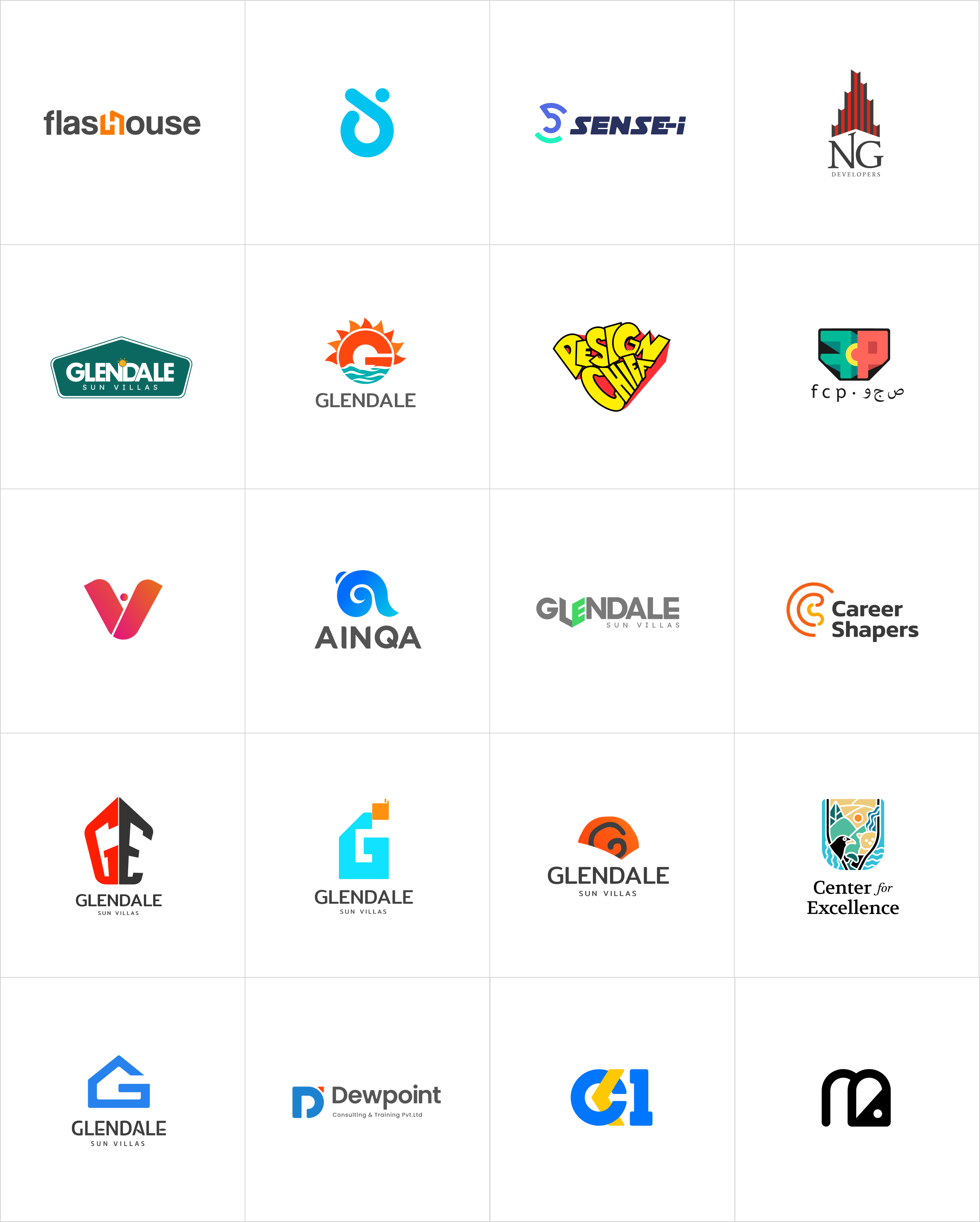 A showcase grid of other logo designs, including Flashhouse, Sense-i, NG Developers, Glendale Sun Villas, AINQA, Career Shapers, Dewpoint, and more